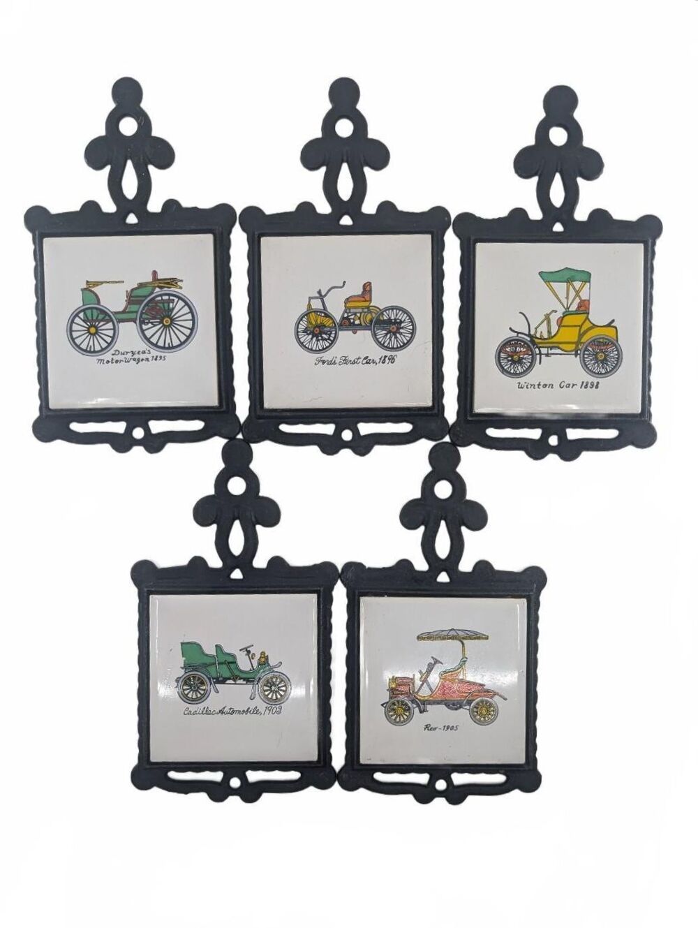 Vintage Set of 5 Ceramic Tile Trivets Antique Cars Cast Iron Frames